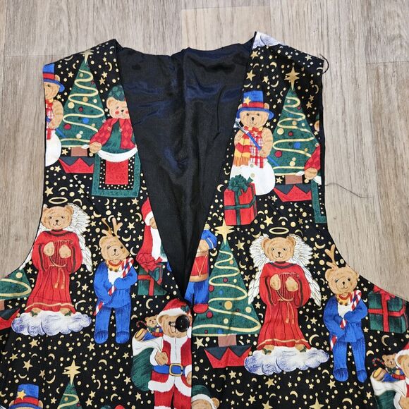 Vtg Christmas Teddy Bear Vest Womens M Waistcoat Cottagecore Artsy Holiday 90s - Picture 3 of 7